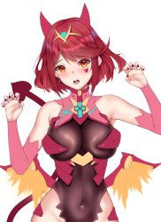 Rule 34 | 1girl, alternate costume, bare shoulders, blush, breasts, chest jewel, cleavage, covered navel, demon girl, halloween costume, highres, jewelry, large breasts, leotard, matrix16, nail polish, navel, open mouth, pyra (xenoblade), red eyes, red hair, short hair, skin tight, solo, swept bangs, tiara, xenoblade chronicles (series), xenoblade chronicles 2