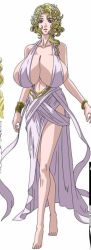 Rule 34 | 1girl, ancient greek clothes, aphrodite (shuumatsu no valkyrie), bare shoulders, barefoot, blonde hair, blue eyes, bracelet, breasts, cleavage, collarbone, cropped, feet, flower, flower on head, full body, greco-roman clothes, greek mythology, hair flower, hair ornament, hair over shoulder, huge breasts, jewelry, legs, lipstick, makeup, official art, shuumatsu no valkyrie, sideboob, simple background, solo, stomach, teeth, third-party edit, wavy hair, white background