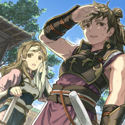 Rule 34 | 1boy, 1girl, architecture, armor, black armor, blue sky, bracer, breastplate, brown eyes, brown hair, cloud, commentary request, cross scar, dated commentary, day, drying, east asian architecture, fire emblem, fire emblem fates, from below, gold trim, hair tubes, hana (fire emblem), hand on forehead, hand up, harusame (rueken), headband, hinata (fire emblem), holding, holding towel, japanese clothes, katana, light brown hair, long hair, long sleeves, looking afar, looking ahead, low ponytail, nintendo, open mouth, outdoors, parted bangs, pink headband, ponytail, rope belt, scar, scar on arm, scar on face, shading eyes, sheath, sheathed, side slit, sidelocks, sky, sleeveless, standing, sweat, sword, teeth, towel, tree, upper teeth only, weapon, white armor, white headband, wiping sweat