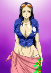 Rule 34 | 1girl, black eyes, black hair, blue shirt, breasts, bursting breasts, center opening, cleavage, collarbone, covered erect nipples, cowboy shot, crop top, eyewear on head, floral print, flower, frown, glasses, gradient background, groin, hair slicked back, highres, huge breasts, impossible clothes, large breasts, long hair, looking at viewer, lowleg, midriff, navel, nel-zel formula, nico robin, nipples, no bra, one piece, open clothes, open shirt, panties, pink skirt, purple background, purple hair, purple panties, sarong, serious, shiny skin, shirt, short sleeves, skirt, solo, sunglasses, underwear, unzipped, zipper