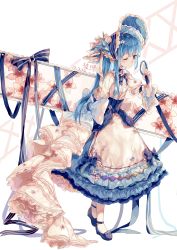 Rule 34 | 1girl, adapted costume, alternate costume, back bow, blue hair, bow, dress, flower, frilled dress, frills, highres, hinanawi tenshi, ling mou, mirror, red eyes, ribbon, touhou