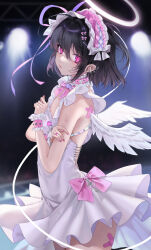Rule 34 | 1girl, angel, bandana, black hair, collar, crossed arms, crying, crying with eyes open, dress, ear piercing, earrings, facing to the side, feathered wings, grey hair, hairband, halo, highres, idol, jewelry, lolita hairband, looking at viewer, multicolored hair, multiple earrings, ompf, original, piercing, pink bandana, pink collar, pink eyes, pink nails, ring, scar, self-harm, short hair, solo, stage lights, tears, white dress, wings