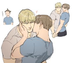 Rule 34 | 2boys, bara, black shorts, blonde hair, blue shirt, brown hair, closed mouth, couple, grey shirt, holding another&#039;s wrist, jack krauser, kiss, kissing cheek, leon s. kennedy, looking at another, male focus, multiple boys, multiple views, muscular, muscular male, resident evil, resident evil: the darkside chronicles, resident evil 4, resident evil 4 (remake), shirt, short hair, shorts, simple background, smile, tatsumi (psmhbpiuczn), translation request, white background, yaoi