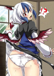 Rule 34 | !?, 1girl, ass, bad id, bad pixiv id, blue hair, book, butt crack, clothes lift, fang, female focus, from behind, geike, head wings, highres, horns, looking back, multicolored hair, open mouth, panties, red eyes, sash, shirt, skirt, skirt lift, solo, tokiko (touhou), touhou, two-tone hair, underwear, upskirt, white hair, white panties, window, wings