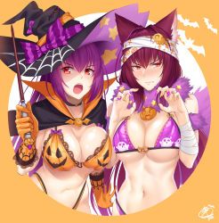 Rule 34 | 2girls, animal ear fluff, animal ears, animal print, bandages, bandaged arm, bandages, bat print, bikini, blush, breasts, cape, claw pose, claws, cleavage, fang, fate/grand order, fate (series), fox ears, gloves, hair ornament, halloween, hat, jack-o&#039;-lantern, large breasts, long hair, looking at viewer, multiple girls, navel, okitakung, open mouth, pumpkin bra, scathach (fate), scathach (fate), scathach skadi (fate), skull and crossbones, skull hair ornament, swimsuit, wand, witch hat