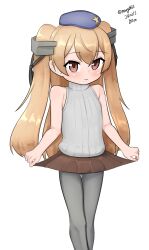 Rule 34 | 1girl, absurdres, aged down, beret, blue hat, brown eyes, brown skirt, feet out of frame, flat chest, grey pantyhose, hair ribbon, hat, headgear, highres, johnston (kancolle), kantai collection, light brown hair, long hair, maru (marg0613), one-hour drawing challenge, pantyhose, ribbed sweater, ribbon, simple background, skirt, skirt hold, sleeveless, sleeveless sweater, solo, sweater, turtleneck, turtleneck sweater, two side up, white background