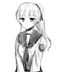 Rule 34 | 1girl, absurdres, angel beats!, closed mouth, commentary request, expressionless, eyes visible through hair, greyscale, hair ornament, hair ribbon, headset, highres, key (company), long hair, long sleeves, looking to the side, microphone, monochrome, ponytail, ribbon, school uniform, serafuku, shinda sekai sensen uniform, shirt, simple background, solo, standing, upper body, white background, white shirt, yusa (angel beats!), zuzuhashi