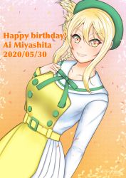 Rule 34 | 1girl, absurdres, artist name, artist request, belt, belt buckle, beret, blonde hair, blush, bow, bowtie, braid, breasts, brown eyes, buckle, dress, female focus, french braid, green beret, green bow, green bowtie, green hat, hair between eyes, hand on own chest, hat, high ponytail, highres, long hair, long sleeves, looking at viewer, love live!, love live! nijigasaki high school idol club, love live! school idol festival, medium breasts, mirai harmony, miyashita ai, orange eyes, parted lips, ponytail, sailor collar, sailor dress, short ponytail, side ponytail, single braid, skirt, smile, solo, two-tone dress, v-shaped eyebrows, white sailor collar, wing collar, yellow belt, yellow dress, yellow eyes, yellow skirt