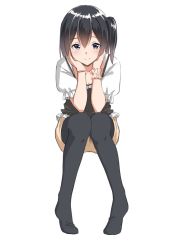 Rule 34 | 1girl, bad id, bad twitter id, black hair, black thighhighs, blue eyes, blush, closed mouth, commentary request, hair between eyes, highres, invisible chair, knees together feet apart, looking at viewer, one side up, original, pigeon-toed, puffy short sleeves, puffy sleeves, short hair, short sleeves, simple background, sitting, smile, solo, suzunari shizuku, thighhighs, white background, yuki arare