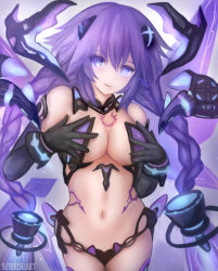 Rule 34 | 1girl, black gloves, blue eyes, blush, braid, breasts, choujigen game neptune, cleavage, elbow gloves, gloves, hair ornament, highres, large breasts, long hair, looking at viewer, navel, neptune (series), purple hair, purple heart (neptunia), purple heart (chaos form), smile, solo, suterisu, tattoo, thighhighs, twin braids, very long hair, wings