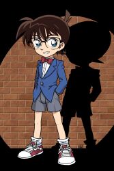 Rule 34 | 1boy, blue eyes, blue jacket, bow, bowtie, brick wall, brown hair, collared shirt, commentary request, dress shirt, drop shadow, edogawa conan, full body, glasses, grey shorts, grin, hair between eyes, hand in pocket, highres, jacket, long sleeves, looking at viewer, male focus, meitantei conan, muu (mumumer), red bow, red bowtie, red footwear, shadow, shirt, shoes, shorts, smile, socks, solo, standing, white shirt, white socks