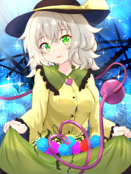 Rule 34 | 1girl, :3, black hat, bloom, blue background, blue flower, blush, bow, breasts, buttons, carrying, clothes lift, eyeball, floral background, flower, frilled sleeves, frills, green eyes, green skirt, hat, hat ribbon, head tilt, heart, heart of string, komeiji koishi, lifting own clothes, long sleeves, looking at viewer, medium breasts, medium hair, plant, purple flower, ribbon, rose, rururiaru, shirt, silver hair, skirt, skirt lift, smile, solo, sparkle, sparkle background, standing, star (symbol), starry background, third eye, thorns, touhou, upper body, vines, wavy hair, wide sleeves, yellow bow, yellow shirt