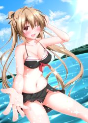 Rule 34 | 10s, 1girl, ;d, absurdres, adapted costume, bad id, bad pixiv id, bare arms, beach, bikini, bikini skirt, black bikini, blush, breasts, brown eyes, brown hair, cleavage, cloud, collarbone, day, dutch angle, hair between eyes, hair ribbon, highres, horizon, island, kantai collection, lens flare, lighthouse, long hair, looking at viewer, medium breasts, murasame (kancolle), narukami ginryuu, navel, ocean, one eye closed, open mouth, outdoors, outstretched hand, ribbon, sky, smile, solo, sparkle, sunlight, swimsuit, twintails, water