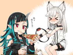 Rule 34 | &gt; &lt;, 2girls, nanashi inc., animal ear fluff, animal ears, animare, belt, belt bra, black hair, black jacket, blue belt, blue hair, blush, braid, chest belt, closed eyes, closed mouth, clothing cutout, commentary request, cropped jacket, cross-laced clothes, cross-laced sleeves, demon girl, demon horns, dog, dress, eating, fang, feet out of frame, flat chest, food, grey hair, highres, horns, jacket, long hair, long sleeves, migchip, multicolored hair, multiple girls, open clothes, open jacket, pizza, red eyes, ring-con, ring fit adventure, shiromiya mimi, shishio chris, shoulder cutout, side braid, simple background, sleeveless, sleeveless dress, smile, sugar lyric, translation request, two-tone hair, upper body, virtual youtuber, wavy mouth, white dress