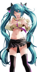 Rule 34 | 1girl, ;d, aqua eyes, aqua hair, black bow, black skirt, black thighhighs, blue nails, blurry, blurry background, bow, breasts, cheerleader, cleavage, crop top, detached sleeves, floating hair, hair between eyes, hair bow, hatsune miku, heart, heart hands, highres, long hair, long sleeves, looking at viewer, medium breasts, midriff, miniskirt, nail polish, navel, necktie, one eye closed, open mouth, pleated skirt, purple necktie, sailor collar, simple background, sing&amp;smile (vocaloid), skirt, smile, solo, standing, stomach, thighhighs, tsukishiro saika, very long hair, vocaloid, white background