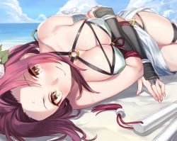Rule 34 | 1girl, 92m, bare shoulders, beach, bikini, blue sky, blush, breasts, brown hair, cleavage, closed mouth, collarbone, day, flower, forehead, hair flower, hair ornament, large breasts, long hair, looking at viewer, parted bangs, princess connect!, purple hair, ruka (princess connect!), ruka (summer) (princess connect!), sarong, sky, smile, solo, swimsuit, thighs, white bikini