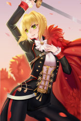 Rule 34 | 10s, 1girl, absurdres, ascot, belt, black pants, blush, bow, bowtie, braid, cape, closed mouth, coat, contrapposto, cowboy shot, fate/extra, fate (series), gaoyang ou nisang, green eyes, hair between eyes, hair bun, hair intakes, hand on own chest, highres, holding, holding sword, holding weapon, light smile, long sleeves, military, military uniform, nero claudius (fate), nero claudius (fate) (all), nero claudius (fate/extra), open clothes, open coat, pants, red cape, single hair bun, solo, standing, sword, underbust, uniform, v-shaped eyebrows, weapon, white neckwear