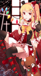 Rule 34 | 1girl, alternate costume, alternate hair length, alternate hairstyle, bad id, bad pixiv id, black thighhighs, blonde hair, blood, female focus, finger to mouth, flandre scarlet, hair ornament, hairpin, hat, jewelry, leg ribbon, long hair, maydream, mini hat, mini top hat, red eyes, ribbon, ring, side ponytail, sitting, skull, solo, stuffed animal, stuffed toy, teddy bear, thighhighs, top hat, touhou, wings