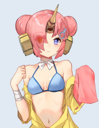Rule 34 | 1girl, :&lt;, bad id, bad pixiv id, bandaged arm, bandages, bare shoulders, bikini, bikini top only, blue background, blue bikini, blue eyes, choker, closed mouth, double bun, expressionless, eyes visible through hair, fate/apocrypha, fate/grand order, fate (series), frankenstein&#039;s monster (fate), frankenstein&#039;s monster (swimsuit saber) (fate), frankenstein&#039;s monster (swimsuit saber) (first ascension) (fate), hair bun, hair ornament, hair over one eye, headgear, horns, looking at viewer, navel, off shoulder, pink hair, ribbon choker, shovelwell, simple background, single horn, sleeves past wrists, solo, swimsuit