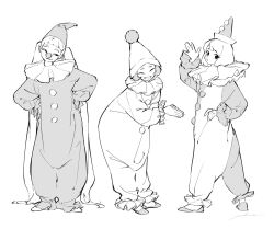 Rule 34 | 3girls, absurdly long hair, clapping, clown, clown nose, facing viewer, flats, frilled sleeves, frills, full body, greyscale, hand on own hip, hands on own hips, hat, head tilt, highres, jester cap, kimura 731, leaning forward, long hair, long sleeves, looking back, monochrome, multiple girls, neck ruff, onesie, original, pom pom (clothes), puckered lips, puffy long sleeves, puffy sleeves, short hair, sideways glance, simple background, smile, standing, twintails, very long hair