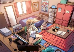 Rule 34 | 1girl, bare legs, barefoot, blonde hair, blue shorts, body pillow, breasts, chopsticks, computer, copyright request, curtains, eating, furi2play!, glasses, highres, indoors, kotatsu, large breasts, long hair, margit hartmann, mirror, monitor, mouse (computer), notebook, peach88, pillow, poster (object), shadow, shorts, sitting, slippers, unworn slippers, solo, table, tank top, very long hair, white tank top, wide shot, window, wooden floor