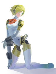 Rule 34 | 1girl, aegis (persona), android, blonde hair, blue eyes, breasts, diolemonde, headphones, highres, joints, kneeling, persona, persona 3, robot joints, short hair, solo