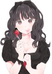 Rule 34 | 1girl, bad id, bad pixiv id, black hair, breasts, brown eyes, cleavage, collarbone, eating, expressionless, food, fork, fruit, hair ribbon, hairband, heart, heart-shaped pupils, jewelry, large breasts, long hair, messy, original, puffy sleeves, ribbon, ring, shizuko (chipccchip), short sleeves, simple background, solo, strawberry, symbol-shaped pupils, wavy hair, white background