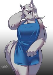 Rule 34 | 1girl, animal ears, apron, blue apron, blush, borrowed character, breasts, commentary, curvy, english commentary, fang, furry, furry female, grey fur, grey hair, highres, large breasts, looking at viewer, naked apron, original, purple eyes, ryuusei (mark ii), snout, solo, sweatdrop, swept bangs, tail, thick thighs, thighs, tongue, tongue out, wolf ears, wolf girl, wolf tail