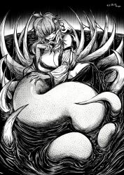 1girl breasts chengzilong8 claws detached_sleeves frog_hair_ornament greyscale hair_ornament hair_over_one_eye highres kochiya_sanae large_breasts long_hair lying midriff monochrome monster_girl on_side partially_submerged scales skirt slit_pupils snake snake_girl snake_hair_ornament solo tail tongue tongue_out touhou