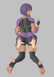 Rule 34 | 1girl, absurdres, ass, ass grab, black shorts, blue eyes, breasts, cameltoe, dark skin, deep skin, disembodied hand, egyptian, embarrassed, fingerless gloves, from behind, gloves, highres, klompi, menat, open mouth, parted lips, purple hair, shawl, shiny clothes, shiny skin, short hair, short shorts, shorts, solo, street fighter, street fighter v, thighhighs, toeless legwear, v