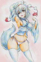 Rule 34 | 1girl, absurdres, animal ears, arm up, armpits, bad id, bad pixiv id, breasts, colored pencil (medium), detached sleeves, fang, hat, highres, inubashiri momiji, kitazinger, navel, no pants, open mouth, panties, red eyes, short hair, solo, tail, thighhighs, tokin hat, touhou, traditional media, underwear, white hair, white thighhighs, wolf ears, wolf tail