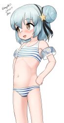 Rule 34 | 1girl, absurdres, bikini, blue hair, brown eyes, dated, double bun, feet out of frame, hair bun, hair ornament, hands on own hips, highres, kantai collection, looking to the side, maru (marg0613), official alternate costume, samuel b. roberts (kancolle), short hair, simple background, solo, star (symbol), star hair ornament, striped bikini, striped clothes, swimming floater, swimsuit, twitter username, white background