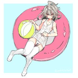 Rule 34 | 1boy, ahoge, ball, beachball, blush, bulge, closed mouth, covered erect nipples, dot mouth, fate/apocrypha, fate (series), floating, grey hair, hair between eyes, hand on own stomach, haoro, innertube, light blue background, lying, male focus, medium hair, on back, one-piece swimsuit, pink innertube, red eyes, sieg (fate), signature, solo, swim ring, swimsuit, thighhighs, white one-piece swimsuit, white thighhighs