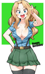 Rule 34 | 1girl, :d, aono3, aoshidan school uniform, belt, black belt, black thighhighs, blonde hair, blue eyes, blue shirt, breasts, collared shirt, commentary, english text, girls und panzer, green skirt, hair intakes, hand in own hair, hand on own hip, happy birthday, highres, kay (girls und panzer), large breasts, long hair, looking at viewer, open mouth, partially unbuttoned, school uniform, shirt, skindentation, skirt, smile, solo, spanish flag, standing, suspender skirt, suspenders, thigh gap, thighhighs, v-shaped eyebrows