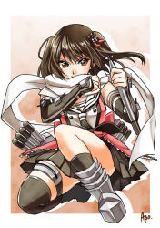 Rule 34 | 10s, 1girl, abo (hechouchou), brown eyes, brown hair, gloves, highres, kantai collection, personification, reverse grip, scarf, sendai (kancolle), sendai kai ni (kancolle), short hair, skirt, solo, squatting, torpedo, twintails, two side up
