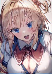 Rule 34 | 1girl, akai haato, akai haato (1st costume), blonde hair, blue eyes, breasts, cleavage, highres, hololive, large breasts, looking at viewer, open mouth, red neckwear, red ribbon, redcomet, ribbon, side ponytail, smile, solo, teeth, upper body, upper teeth only, virtual youtuber