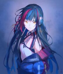 Rule 34 | 1girl, bare shoulders, blue background, blue hair, collar, harusaruhi, highres, jacket, kamitsubaki studio, multicolored hair, open clothes, open jacket, partially unzipped, red hair, serious, shijohane, simple background, two-tone hair, upper body, virtual youtuber, yellow eyes