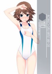 Rule 34 | 1girl, alternate breast size, artist name, blush, brown hair, character name, collarbone, commentary request, competition swimsuit, cowboy shot, eyes visible through hair, flat chest, flipped hair, grey eyes, hair between eyes, hiei (kancolle), highres, inaba shiki, kantai collection, looking at viewer, multicolored clothes, multicolored swimsuit, one-piece swimsuit, open mouth, short hair, simple background, solo, standing, striped clothes, striped one-piece swimsuit, swimsuit, vertical-striped clothes, vertical-striped one-piece swimsuit, white background, white one-piece swimsuit