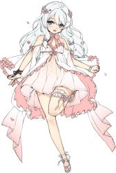 Rule 34 | 1girl, :d, ahoge, bad id, bad pixiv id, bare shoulders, black ribbon, blue eyes, breasts, bridal garter, commentary, dress, female focus, flower, frilled sleeves, frills, full body, hair between eyes, hair flower, hair ornament, long hair, looking at viewer, open mouth, ribbon, sandals, simple background, small breasts, smile, solo, soulworker, stella unibell, tama (tamatamo), white background, white dress, white hair, wide sleeves, wrist ribbon