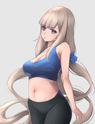 Rule 34 | 1girl, alternate costume, black pants, blue eyes, blue ribbon, blue sports bra, breasts, cleavage, cowboy shot, grey background, hair ribbon, highres, kantai collection, large breasts, light brown hair, low twintails, maryland (kancolle), midriff, navel, neko no hige, pants, ribbon, solo, sports bra, standing, twintails, yoga pants