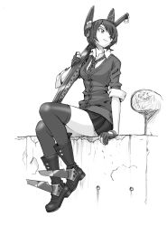Rule 34 | 10s, 1girl, bbb (friskuser), eyepatch, fingerless gloves, gloves, greyscale, headgear, highres, kantai collection, looking away, monochrome, pleated skirt, school uniform, shoes, short hair, simple background, sitting, skirt, smile, solo, sword, tenryuu (kancolle), thighhighs, weapon, white background