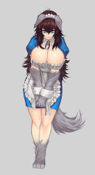 Rule 34 | 1girl, animal ears, blue eyes, bowing, breasts, brown hair, bursting breasts, cleavage, cleavage cutout, clothing cutout, commentary, full body, fur, grey background, highres, huge breasts, lipe-san, long hair, original, silver hair, simple background, solo, tail, wrist cuffs