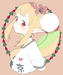 Rule 34 | 1girl, absurdres, bad id, bad twitter id, black choker, blonde hair, blunt bangs, blush, breasts, choker, clothes writing, commentary request, donguri suzume, elu (1st costume) (nijisanji), elu (nijisanji), fairy, fairy wings, flower, from side, hair flower, hair ornament, highres, large breasts, looking at viewer, looking to the side, nijisanji, pale skin, pink background, pointy ears, red eyes, shirt, short hair with long locks, short sleeves, sidelocks, simple background, smile, solo, virtual youtuber, white shirt, wings