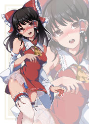 Rule 34 | 1girl, absurdres, adapted costume, ascot, bare shoulders, black hair, blue panties, blush, bow, brown eyes, china dress, chinese clothes, detached sleeves, dress, feet out of frame, gokuu (acoloredpencil), hair bow, hair tubes, hakurei reimu, highres, long hair, multiple views, open mouth, panties, red bow, red dress, ribbon-trimmed sleeves, ribbon trim, sidelocks, teeth, thighhighs, touhou, underwear, upper teeth only, white sleeves, white thighhighs, wide sleeves, yellow ascot, zoom layer