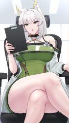Rule 34 | 1girl, :o, absurdres, animal ear fluff, animal ears, arknights, bare legs, bare shoulders, black choker, breasts, cat ears, chair, choker, clipboard, commentary request, criss-cross halter, crossed legs, dress, feet out of frame, green dress, green eyes, halterneck, highres, holding, holding clipboard, indoors, kal&#039;tsit (arknights), kanta (kanta 077), large breasts, looking at viewer, off shoulder, open mouth, short hair, silver hair, sitting, solo, stethoscope, thick thighs, thighs