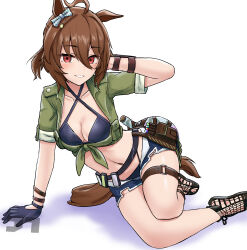 Rule 34 | 1girl, absurdres, agnes tachyon (lunatic lab) (umamusume), agnes tachyon (umamusume), ahoge, animal ears, artist logo, belt, bikini, black bikini, black gloves, blue shorts, blush, bow, breasts, brown hair, cleavage, criss-cross halter, ear bow, flask, gloves, green jacket, hair between eyes, halterneck, hand in own hair, highres, horse ears, horse girl, horse tail, jacket, jtleeklm, looking at viewer, midriff, navel, open mouth, pouch, red eyes, round-bottom flask, sandals, short hair, short shorts, short sleeves, shorts, simple background, sitting, small breasts, smile, solo, swimsuit, tail, test tube, tied jacket, umamusume, watermark, white background, yokozuwari