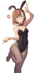 Rule 34 | 1girl, ;), absurdres, alternate costume, animal ears, arm up, asymmetrical bangs, bare shoulders, black leotard, bow, bowtie, breasts, brown eyes, brown hair, detached collar, fake animal ears, fake tail, fishnet pantyhose, fishnets, hair behind ear, heart, highleg, highleg leotard, highres, leotard, misaka mikoto, no shoes, one eye closed, pantyhose, parted lips, playboy bunny, rabbit ears, rabbit tail, red bow, red bowtie, short hair, sleepy frippy, small breasts, smile, solo, spoken heart, standing, standing on one leg, strapless, strapless leotard, tail, toaru majutsu no index, traditional bowtie, v, white background, white wrist cuffs, wrist cuffs