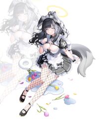 Rule 34 | 1girl, absurdres, alternate costume, animal ears, apron, black bow, black dress, black footwear, black hair, blue archive, bow, breasts, cleavage, closed mouth, dress, enmaided, fishnet pantyhose, fishnets, floating hair, frilled dress, frills, full body, grey eyes, grey hair, halo, hibiki (blue archive), highres, long hair, looking at viewer, maid, maid apron, maid headdress, mary janes, multicolored hair, pantyhose, scrunchie, shoes, short sleeves, simple background, smile, tail, white apron, white background, white scrunchie, wrist scrunchie, yuri (chocho q)