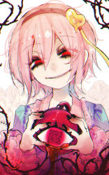 Rule 34 | 1girl, bags under eyes, black nails, bleeding, blood, bloody tears, check commentary, commentary request, eyes visible through hair, floral background, fua yuu, grin, hair between eyes, hairband, head tilt, highres, holding, komeiji satori, long sleeves, looking at viewer, messy hair, nail polish, pink hair, plant, qr code, red eyes, sharp teeth, short hair, smile, solo, symbol-shaped pupils, teeth, touhou, upper body, vines