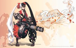 Rule 34 | 10s, 1girl, asymmetrical clothes, blade &amp; soul, boots, copyright name, cross-laced footwear, female focus, flat chest, gun, highres, kim hyung tae, lace-up boots, multicolored hair, ncsoft, platform footwear, pohwaran, solo, twintails, two-tone hair, weapon